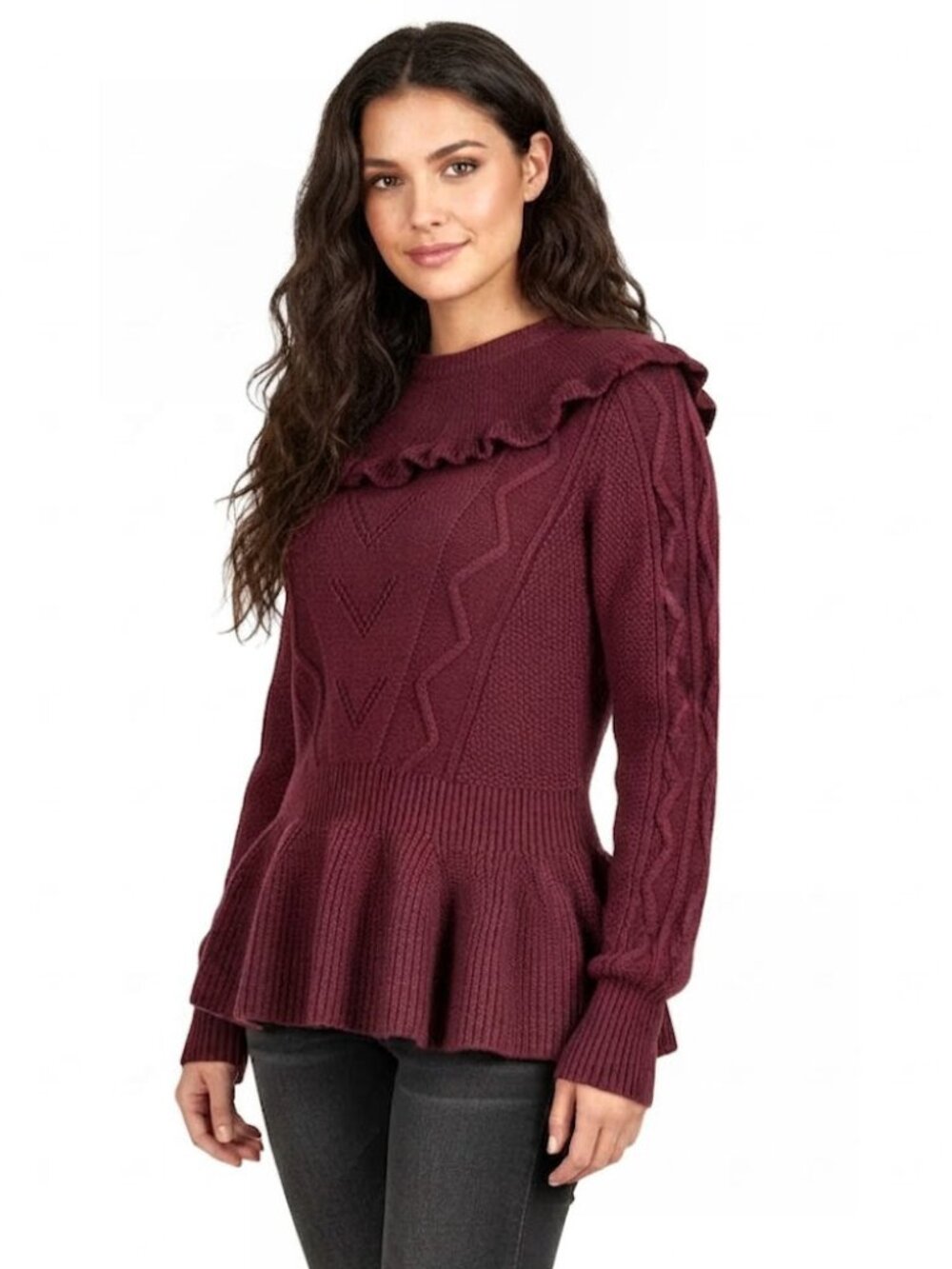 Ted Baker Elsahi Yoke Detail Peplum Sweater, Maroon, Womens Size 2 - TB / 6 - US